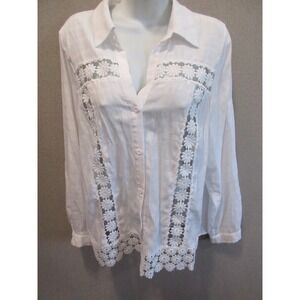 Orchid Haze White Lace Floral Cutout Lightweight Button Down Top Costal L Beach